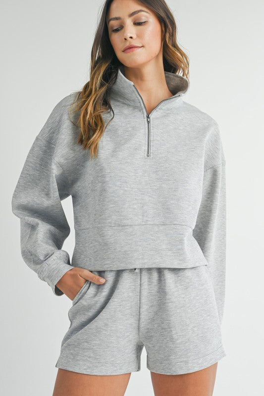 Grey Stand Neck Zipped Sweatshirt and Shorts Set