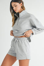 Grey Stand Neck Zipped Sweatshirt and Shorts Set