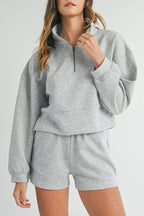 Grey Stand Neck Zipped Sweatshirt and Shorts Set