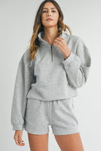 Grey Stand Neck Zipped Sweatshirt and Shorts Set