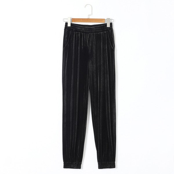 Black Solid Velvet Jogger Pants