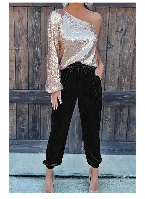 Black Solid Velvet Jogger Pants