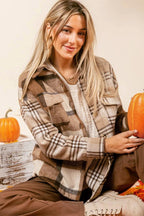 Beige Flannel Plaid Double Flap Pocket Shacket