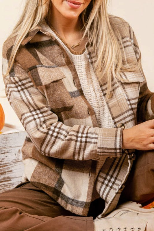 Beige Flannel Plaid Double Flap Pocket Shacket