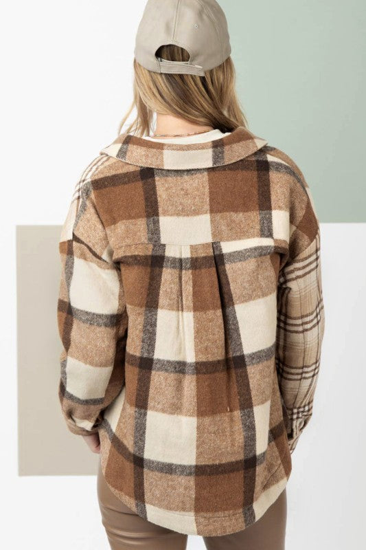 Beige Flannel Plaid Double Flap Pocket Shacket
