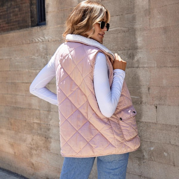 Pink Fleece Lined Quilted Vest Coats