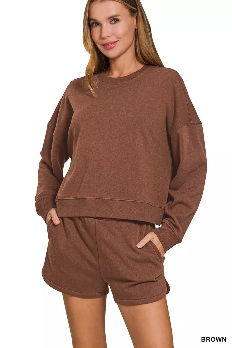 Zenana Fleece Long Sleeve Sweatshirts and Shorts Set