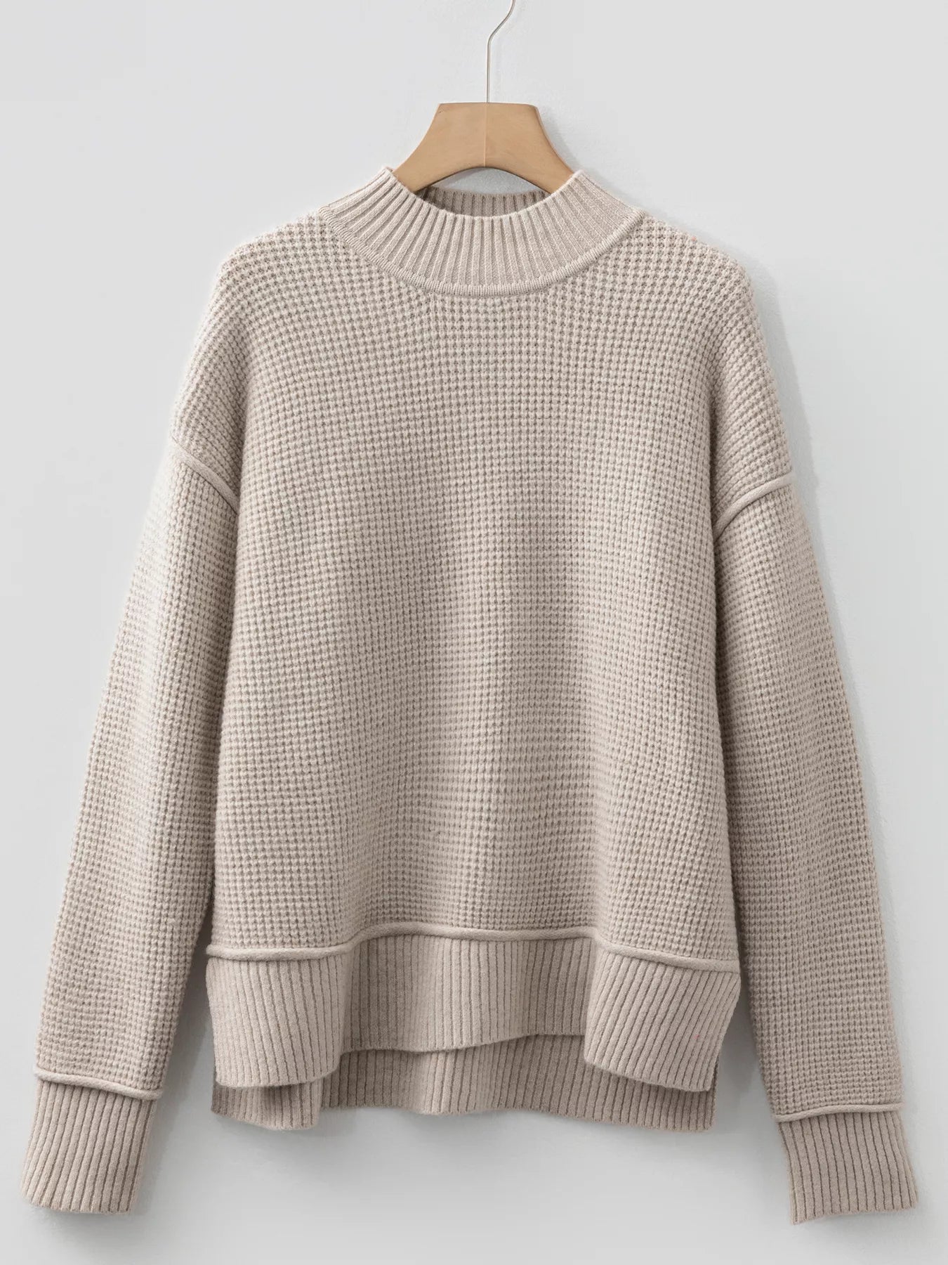 Waffle Texture Knit Ribbed High Neck Drop Shoulder Sweater