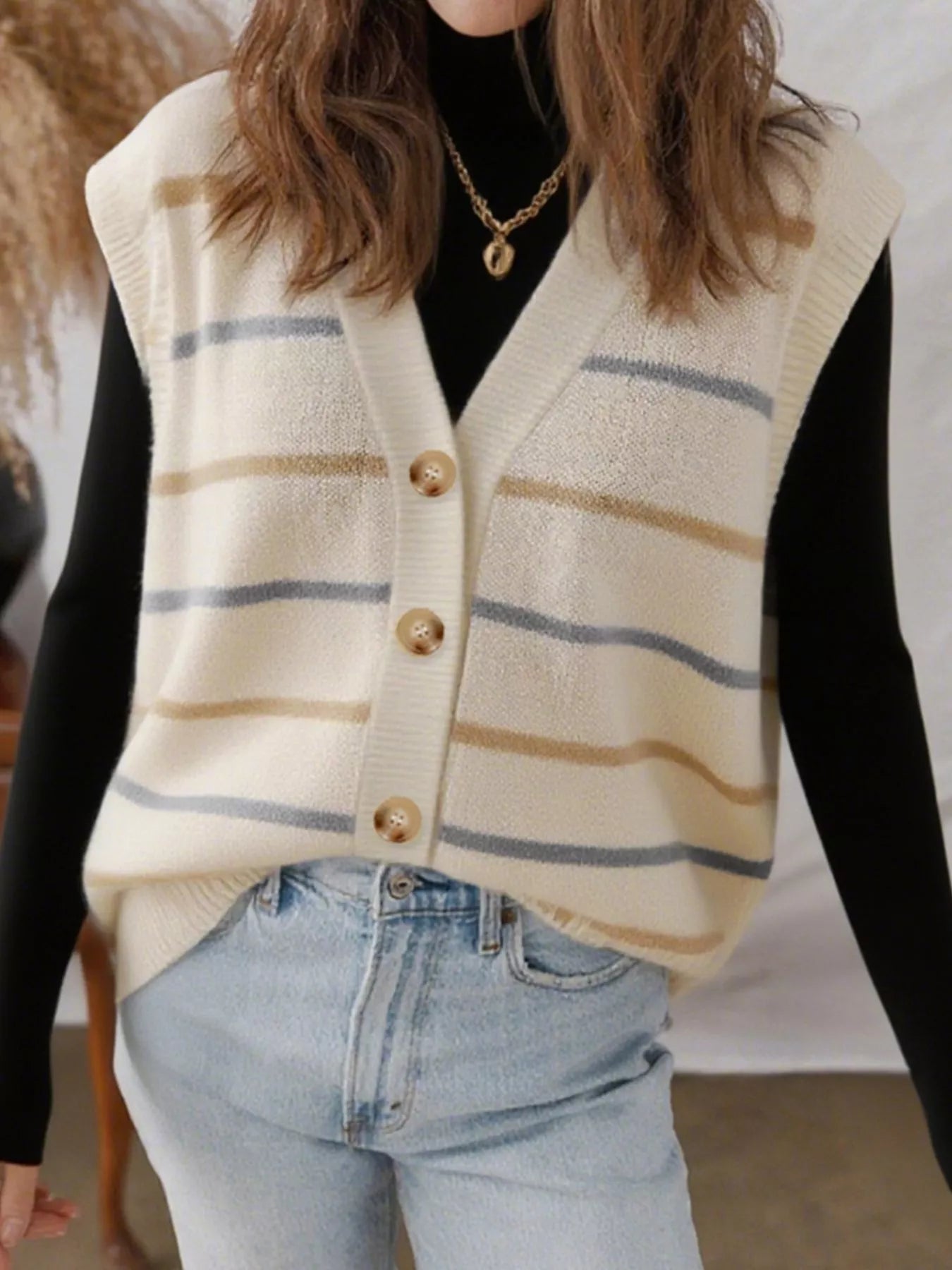 Striped Button-Down Sweater Vest