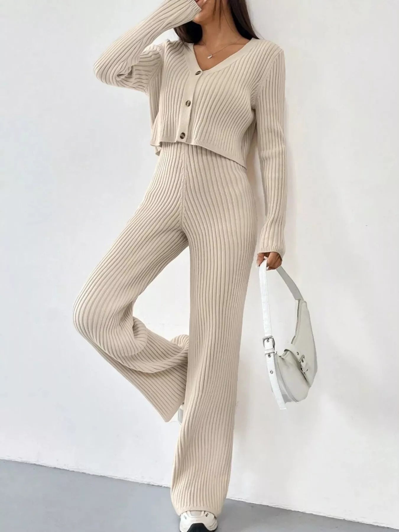 Ribbed Knit Button Up Top and Pants Set