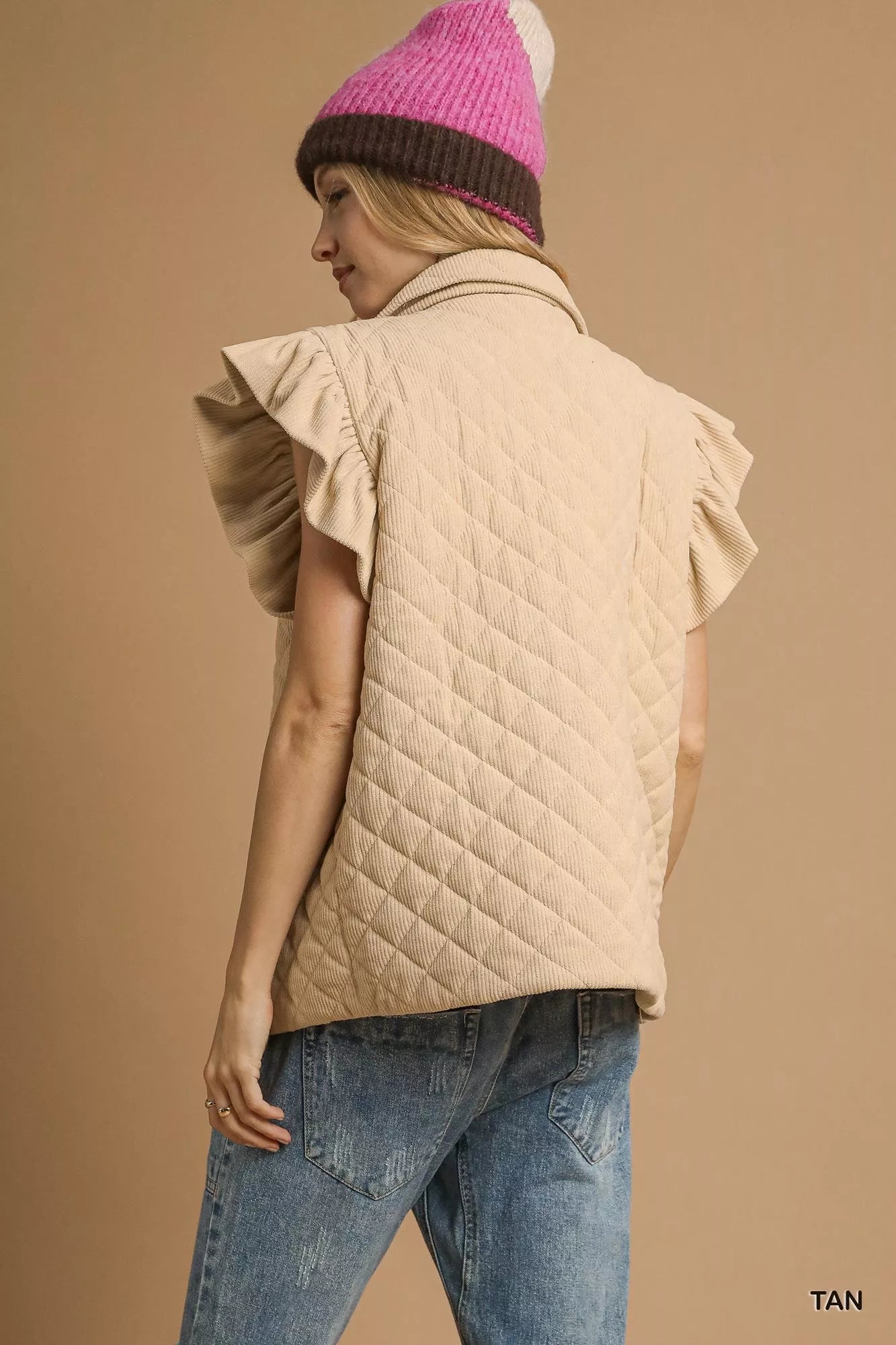 Umgee Corduroy Quilted Ruffle Sleeve Vest