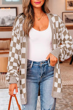 Checkerboard Print Open Front Knit Cardigan