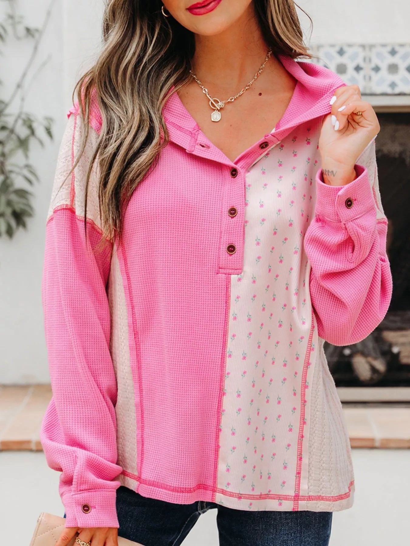 Mixed Texture Waffle Floral Patchwork Hooded Oversize Pullover