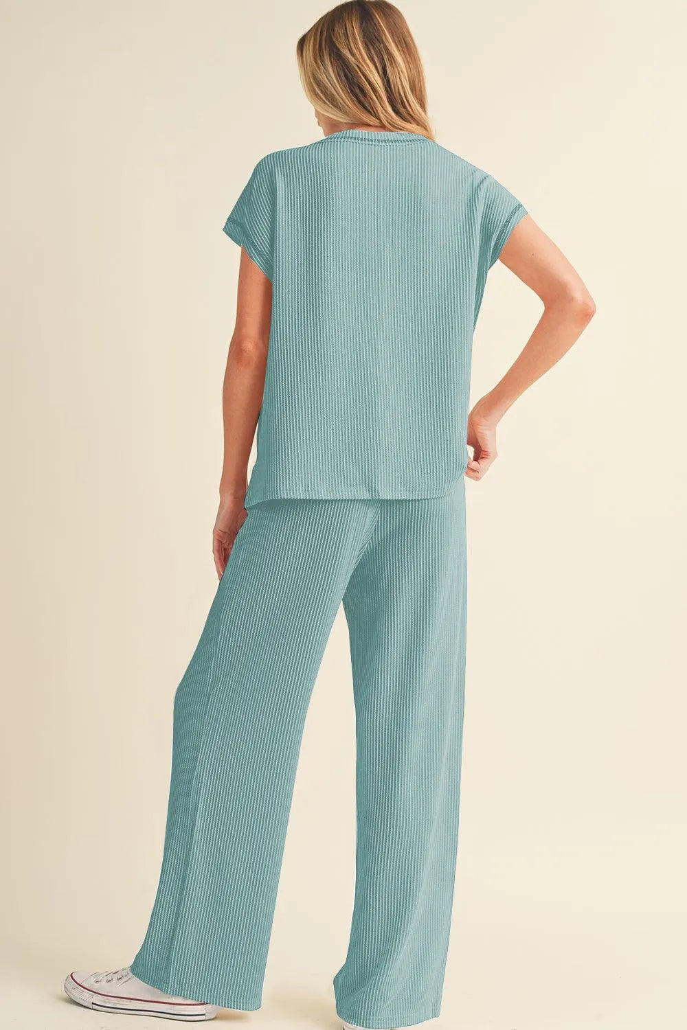 Solid Color Corded Short Sleeve Top and Casual Pants Set
