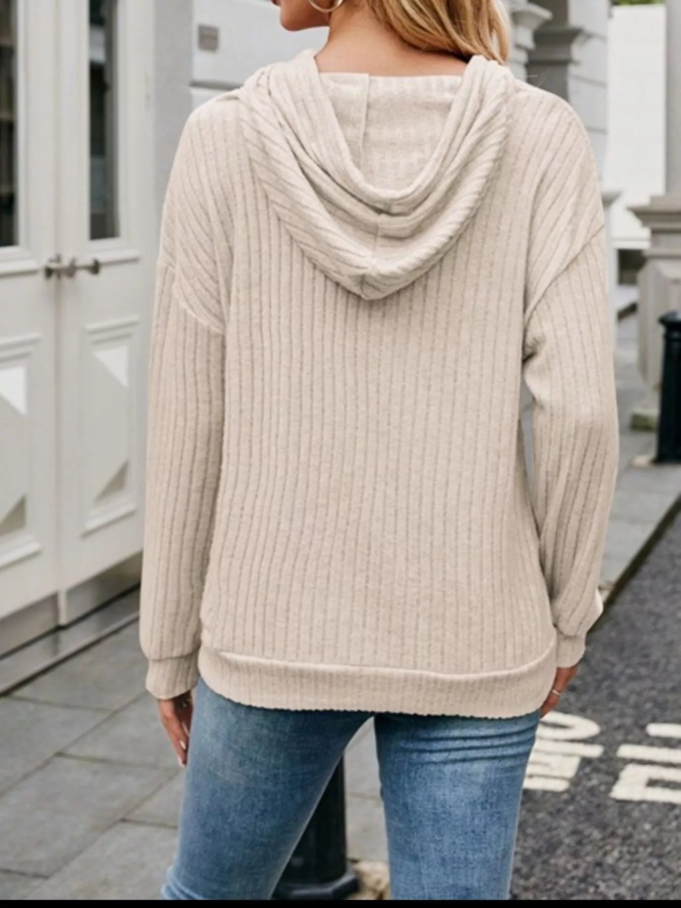 Casual Drawstring Ribbed Knit Hoodie