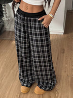 Plaid Wide-Leg Pants with Elastic Waistband