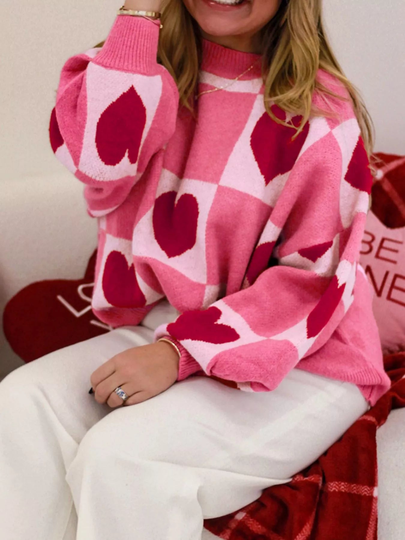 Heart Pattern Checkered Round Neck Sweater