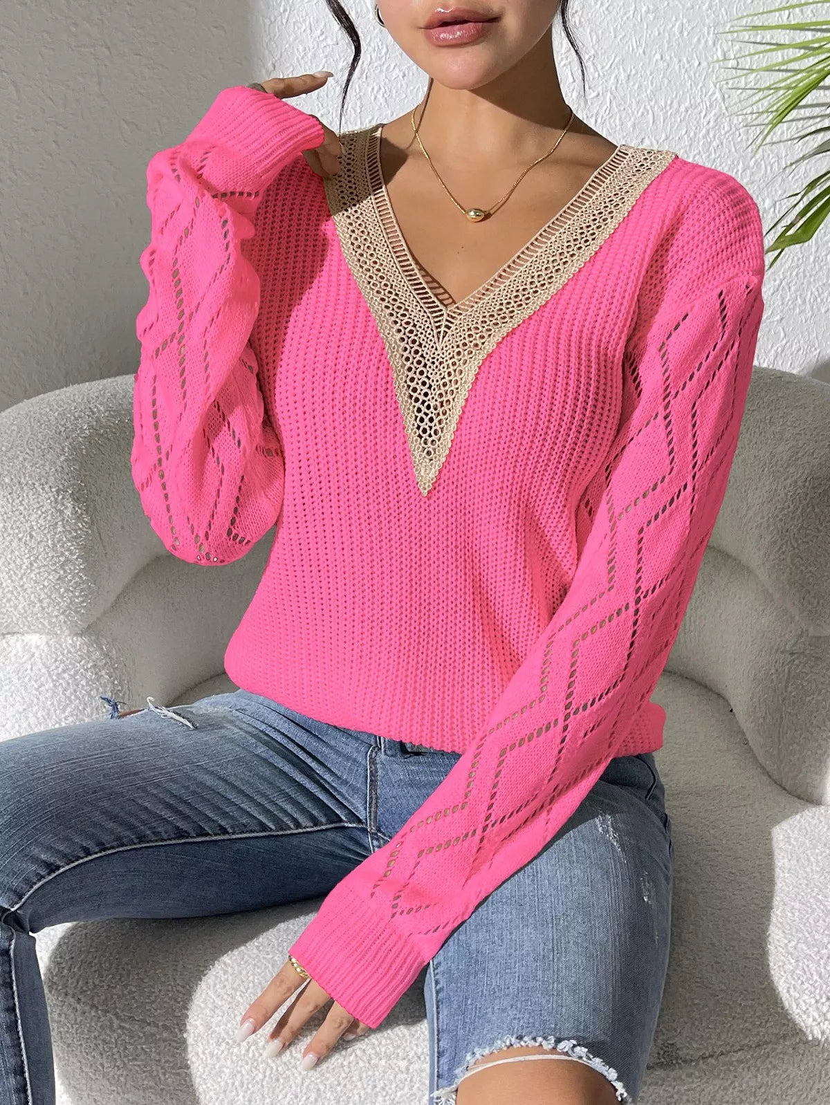 V-Neck Hollow Knit Sweater