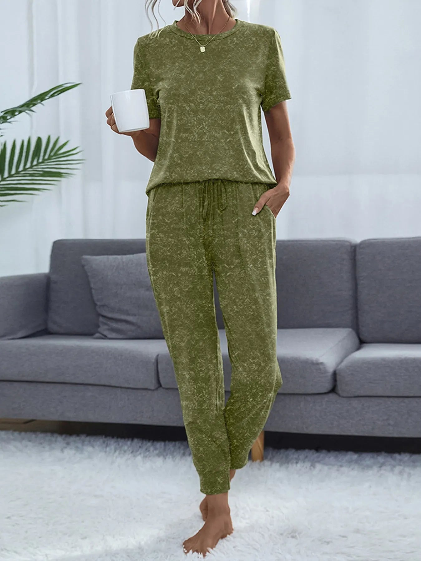 Round Neck Short Sleeve Top and Pants Lounge Set