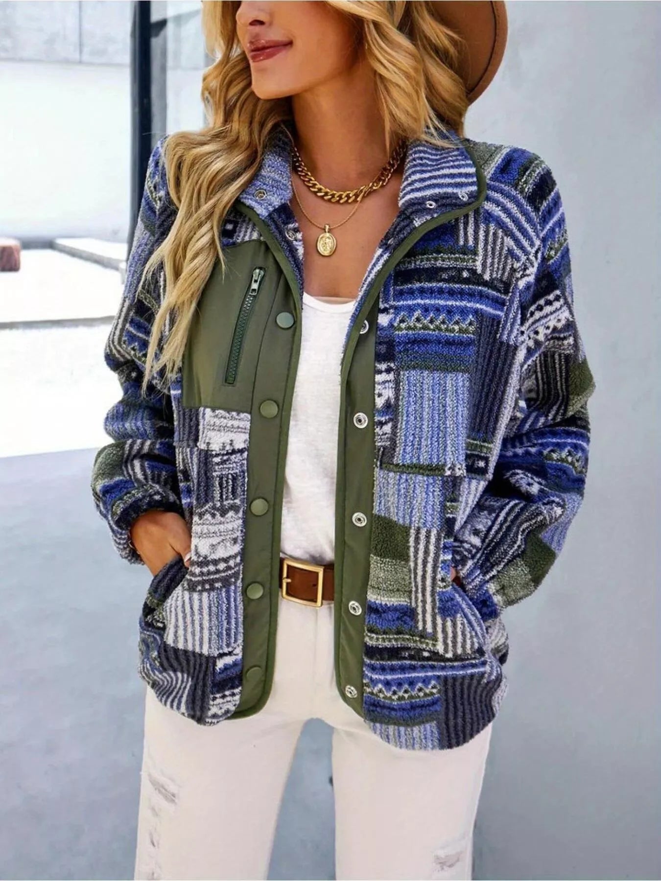 Aztec Print Fleece Snap Down Jacket