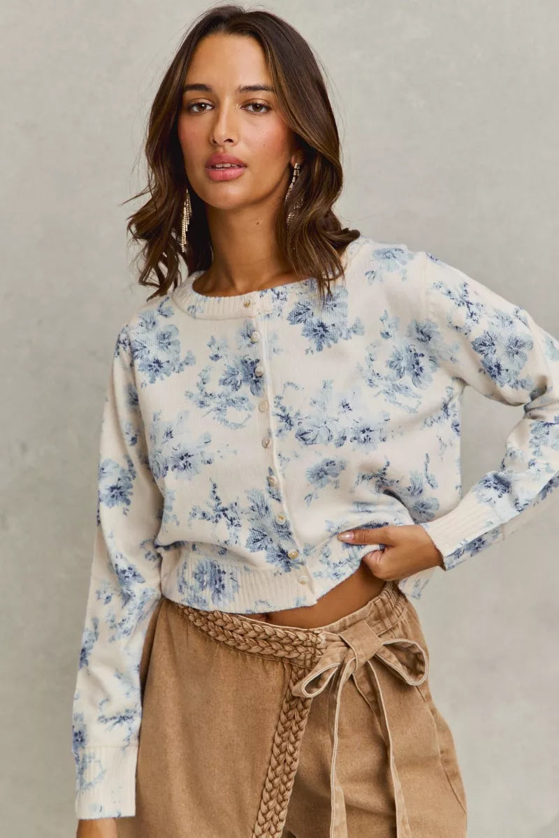 SO ME Vintage Floral Print Button Down Sweater Cardigan