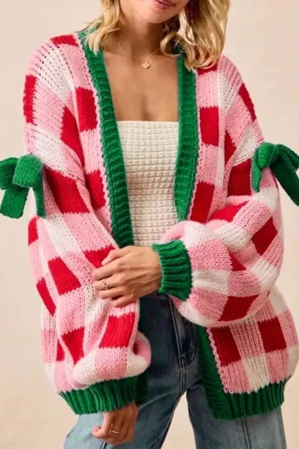 Checkered Bow-Tie Sleeve Knit Christmas Cardigan
