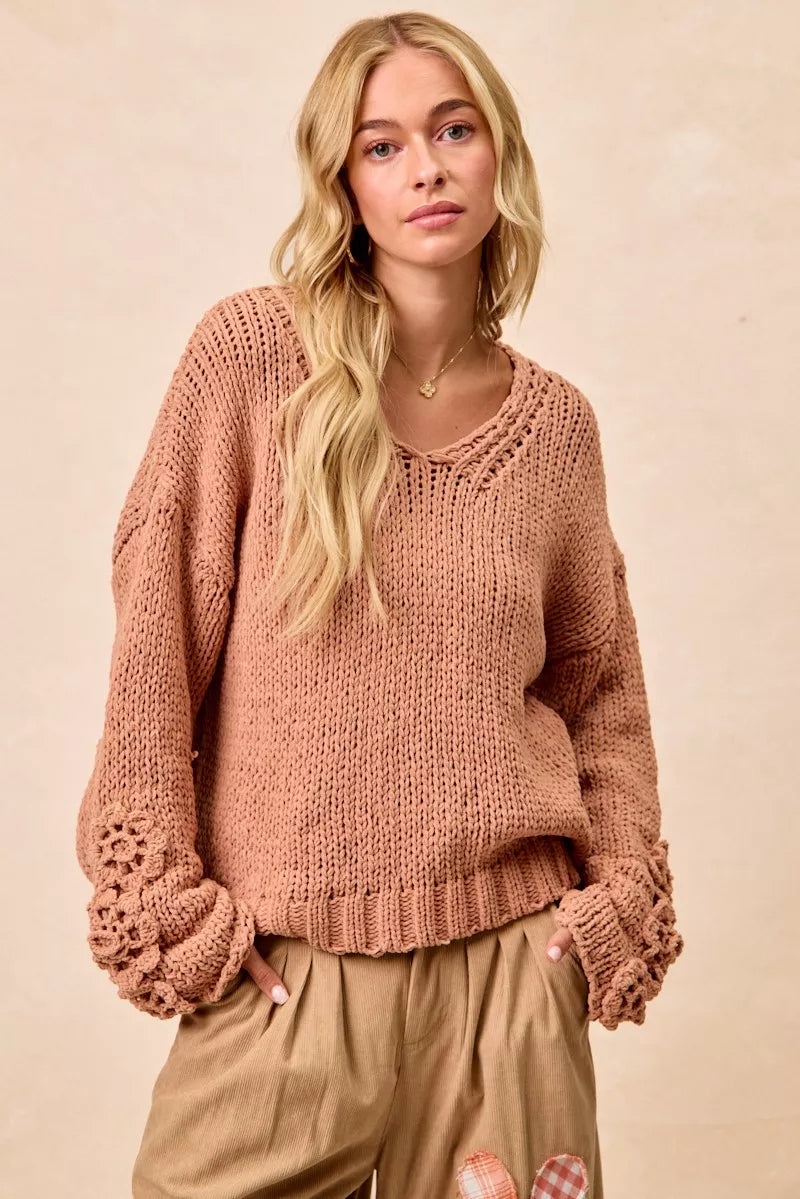 BiBi Chunky Knit Sweater with Flower Detail Sleeves
