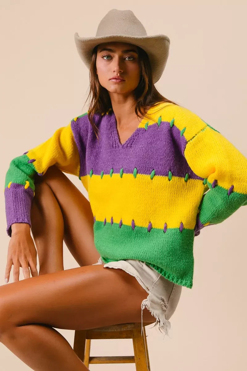BiBi Stitch Detail Mardi Gras Stripes Sweater