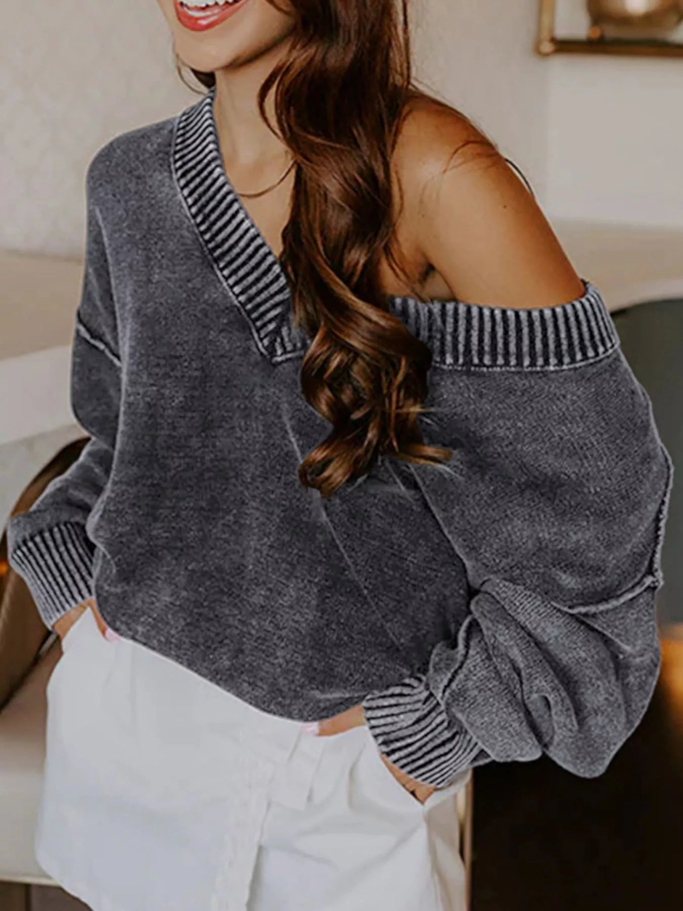 Wash V-Neck Long Sleeve Sweater