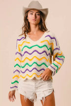 BiBi Mardi Gras Wavy Stripes V-Neck Sweater