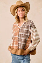 BiBi Plaid And Stripe Mix And Match Top With Open Seam