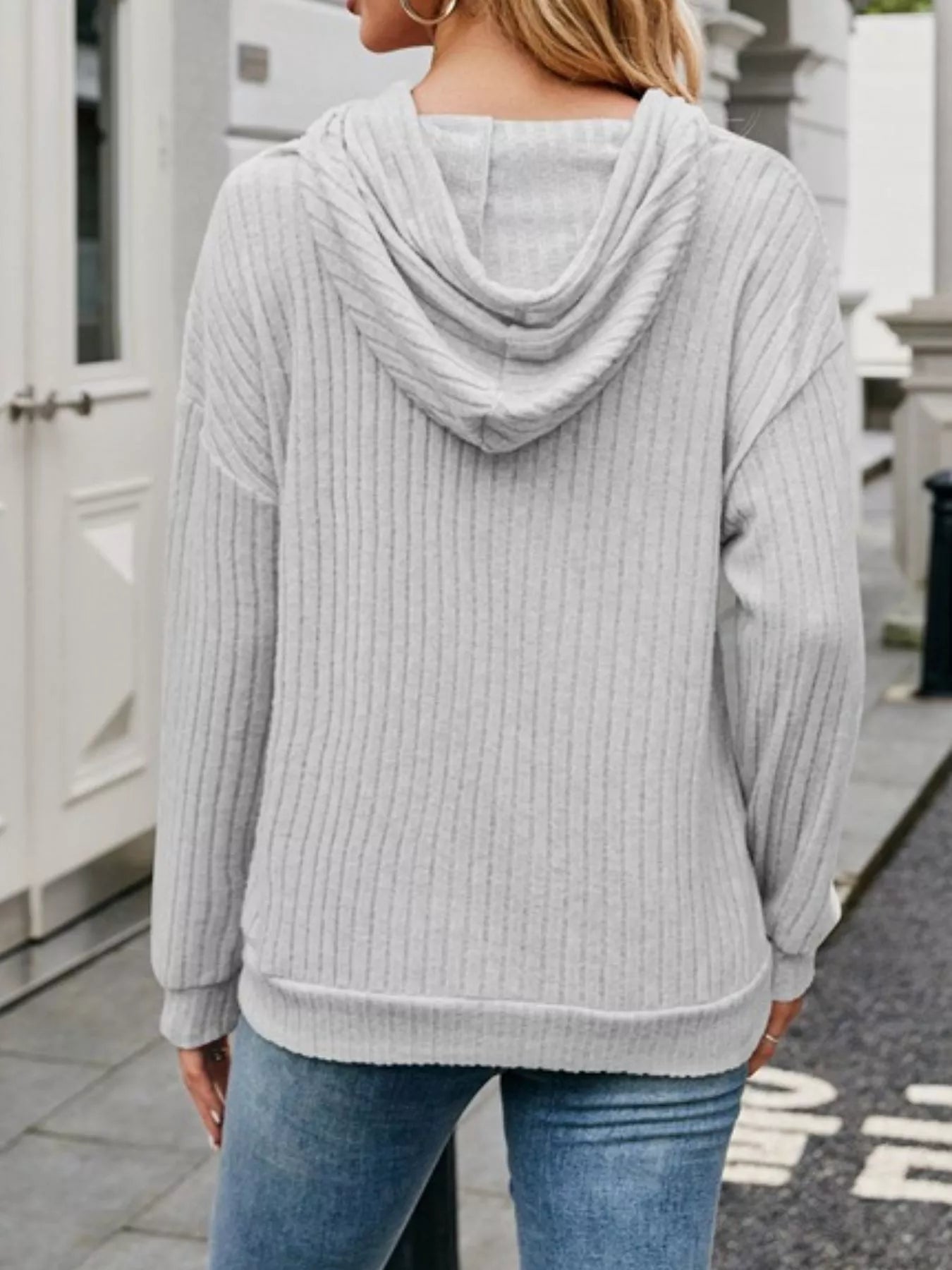 Casual Drawstring Ribbed Knit Hoodie