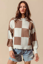 SO ME Ribbed Color Block Checkered Plaid Sweater