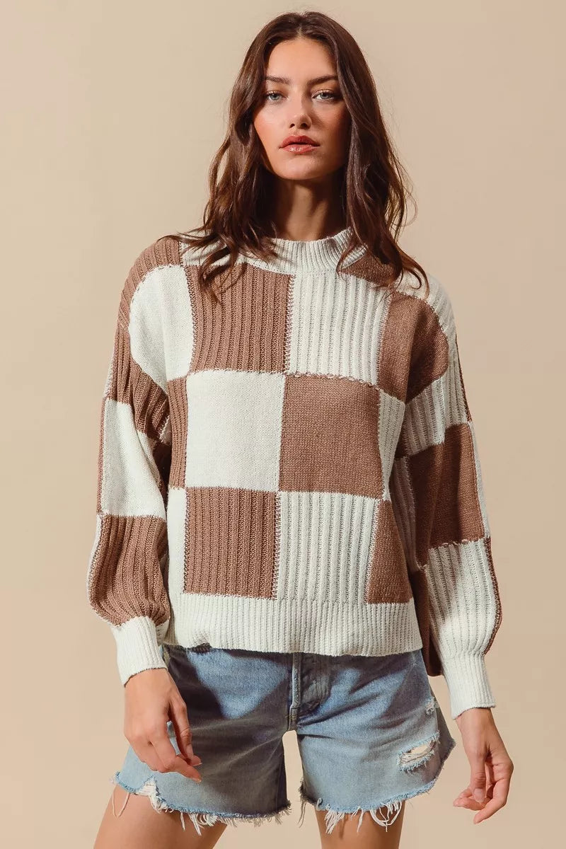 SO ME Ribbed Color Block Checkered Plaid Sweater