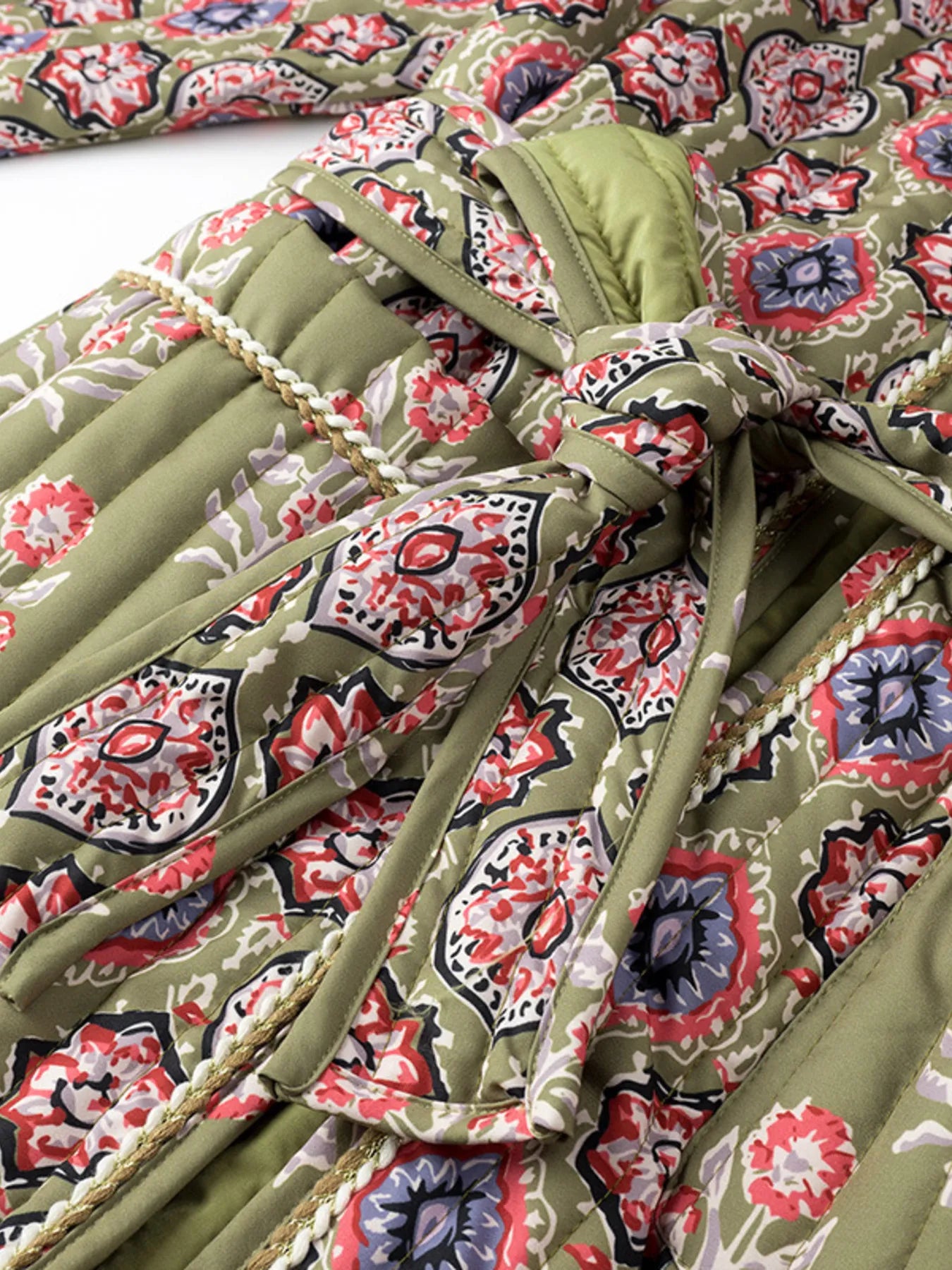 Belted Open Front Floral Winter Coat