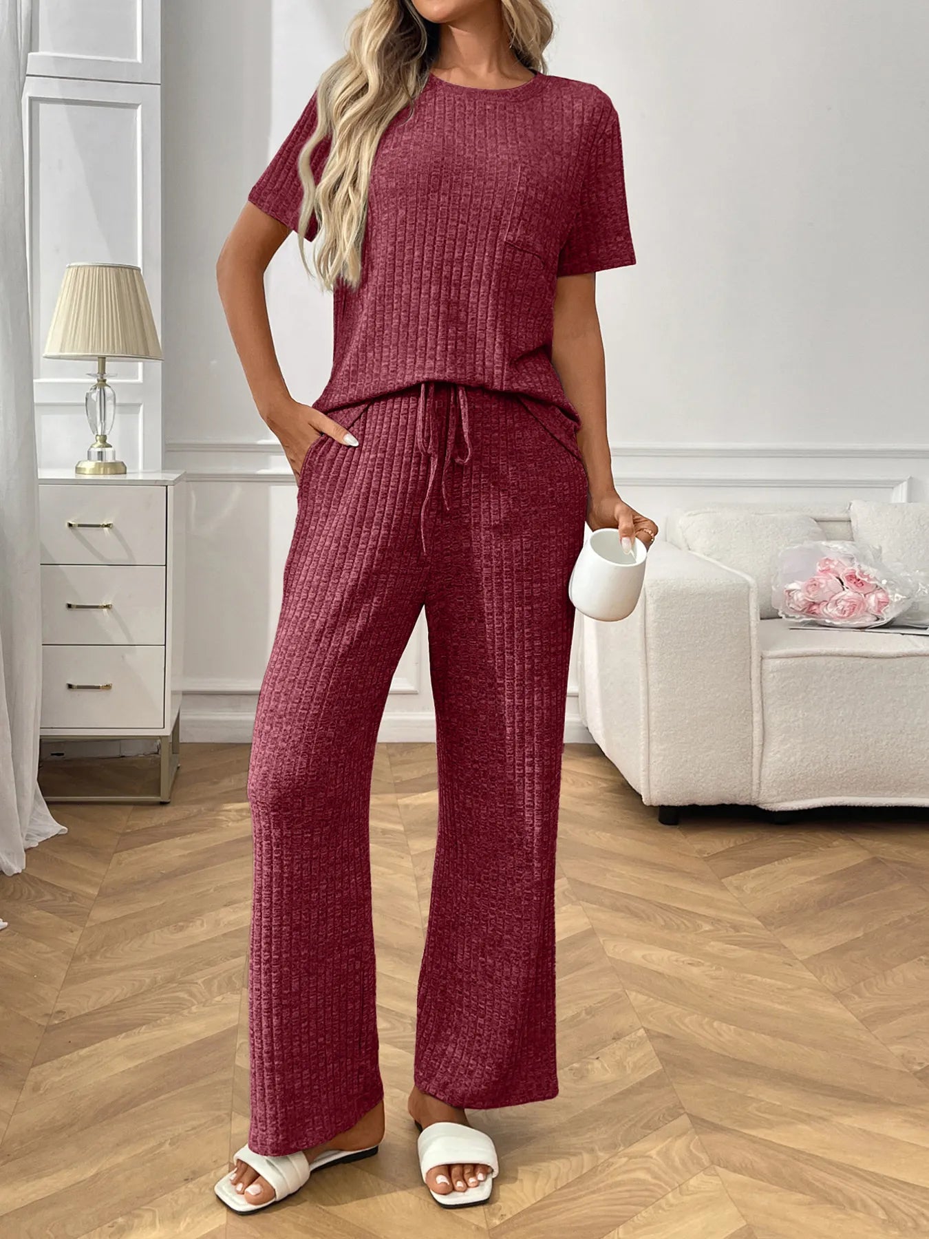 Ribbed Knit Short Sleeve Top and Pants Lounge Set