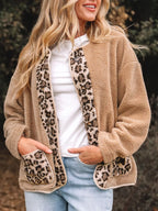 Casual Leopard Print Accent Plush Jacket with Pockets
