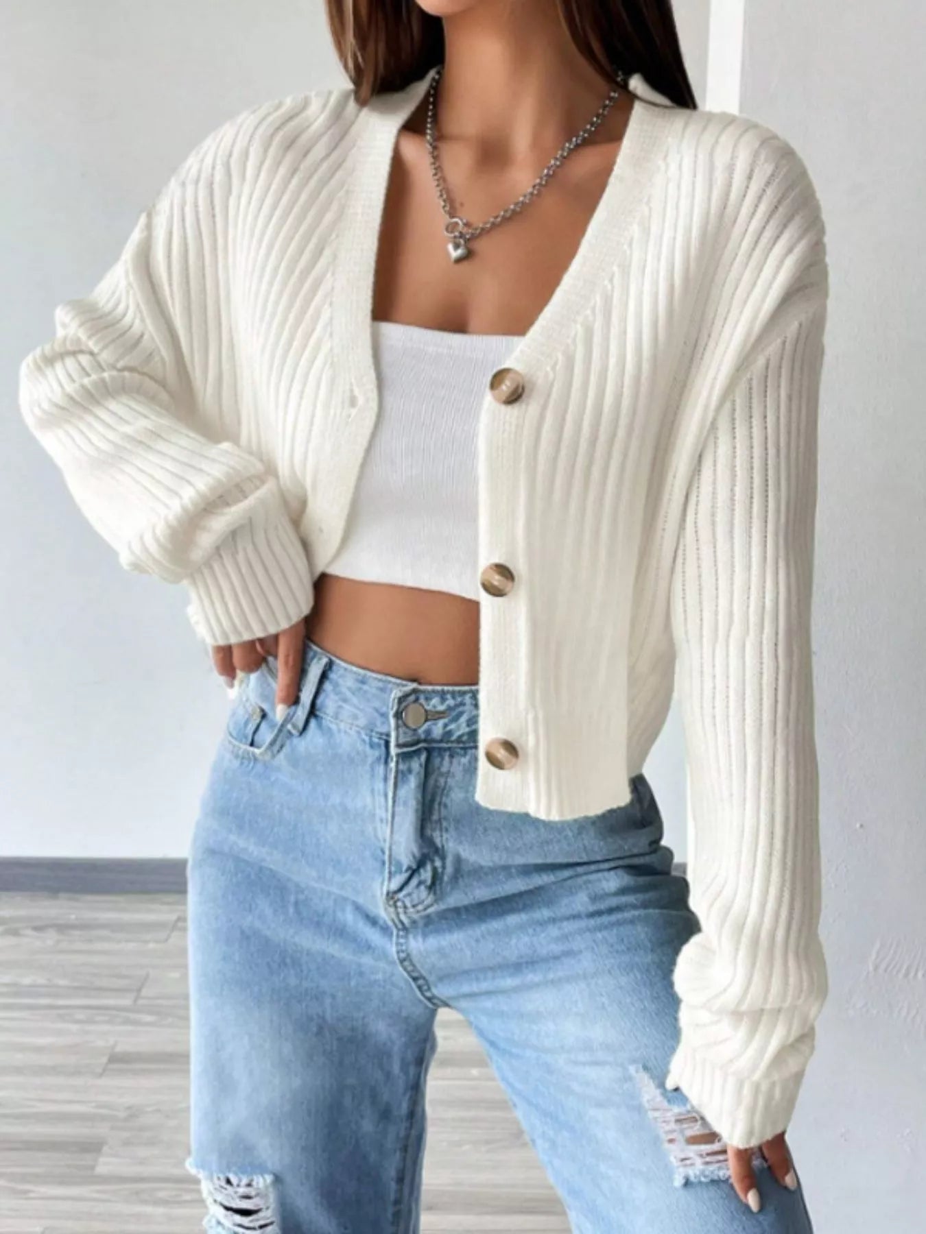 Ribbed Knit Button-Up Cropped Cardigan