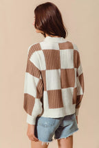 SO ME Ribbed Color Block Checkered Plaid Sweater