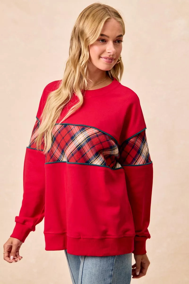 BiBi Christmas Theme Plaid Block Sweatshirt with Binding