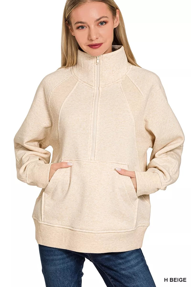 Zenana Half Zip Fleece Sweatshirt with kangaroo Pocket