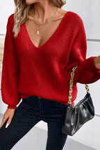 Lantern Sleeve V Neck Knot Back Sweater