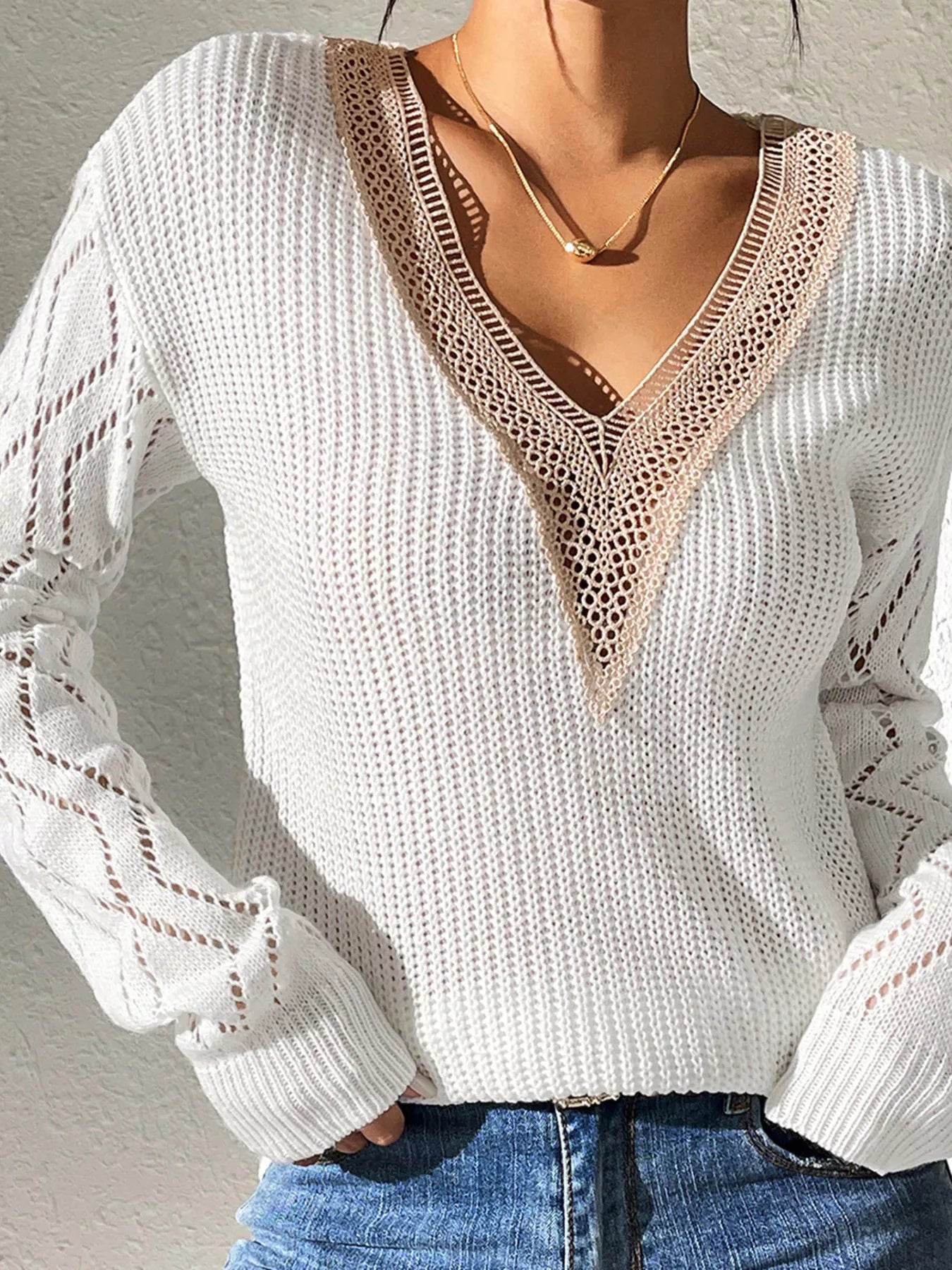 V-Neck Hollow Knit Sweater