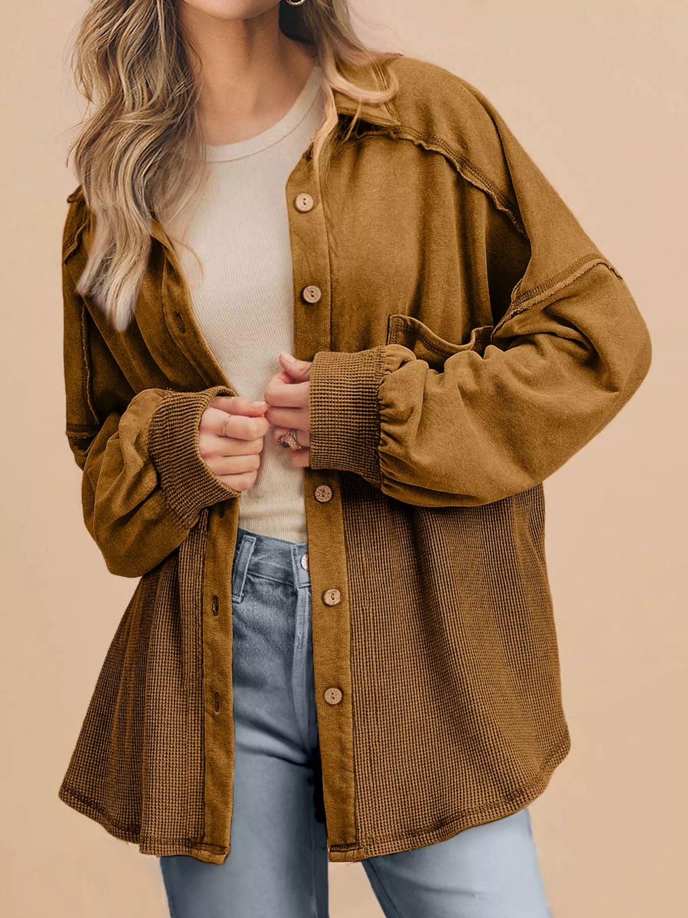 Waffle Knit Patchwork Exposed Seam Loose Shacket