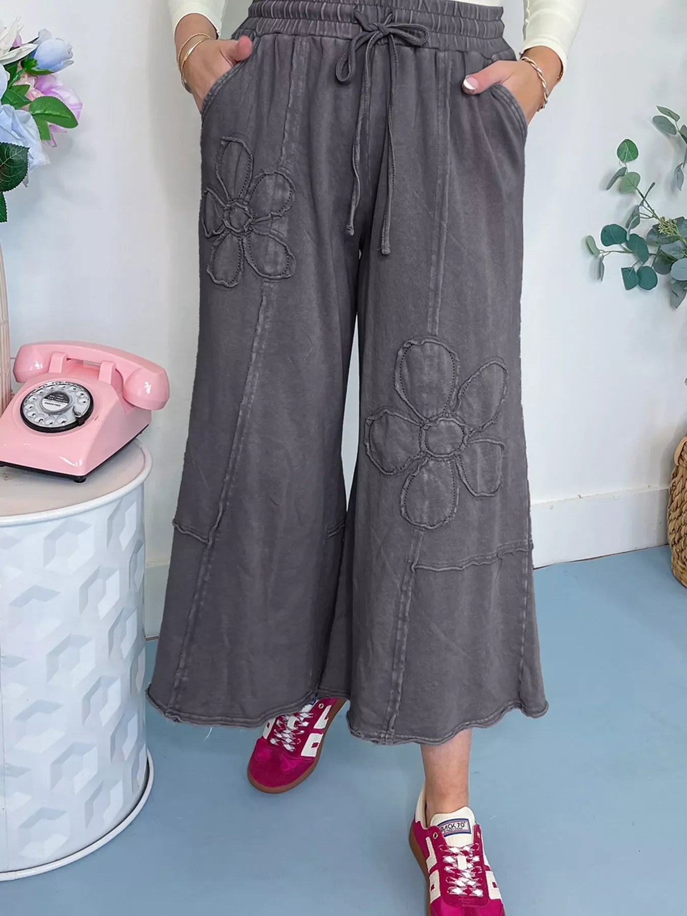 Flower Patch Mineral Washed Terry Knit Cropped Wide Leg Pants