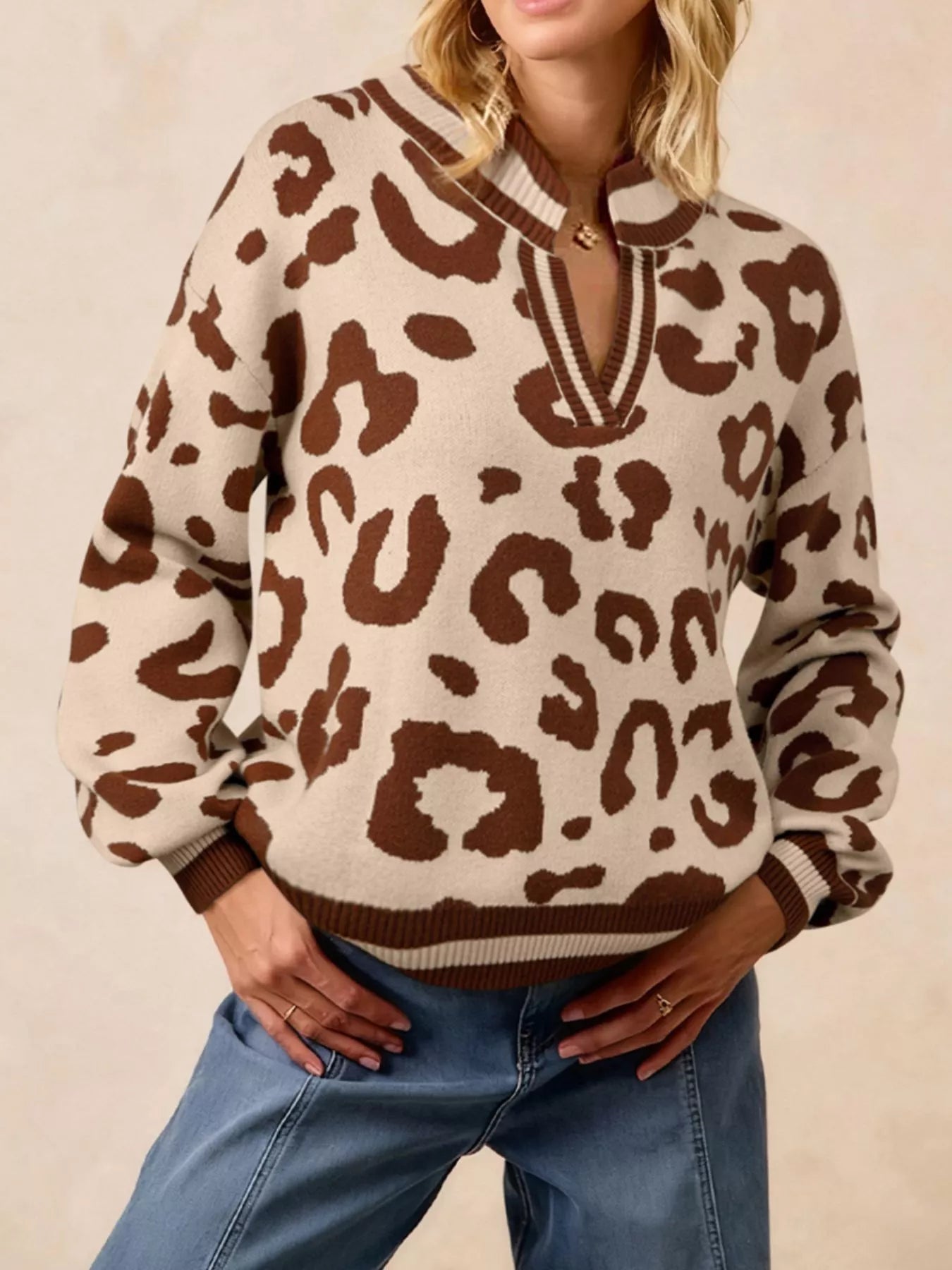 Leopard Knit Notched Casual Sweater