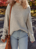 Waffle Texture Knit Ribbed High Neck Drop Shoulder Sweater