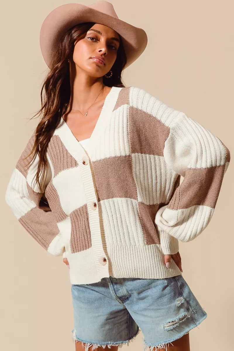 SO ME Checkered Button Front Ribbed Sweater Cardigan