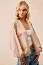 BiBi Two Tone Knit Cardigan with Leaf Patches