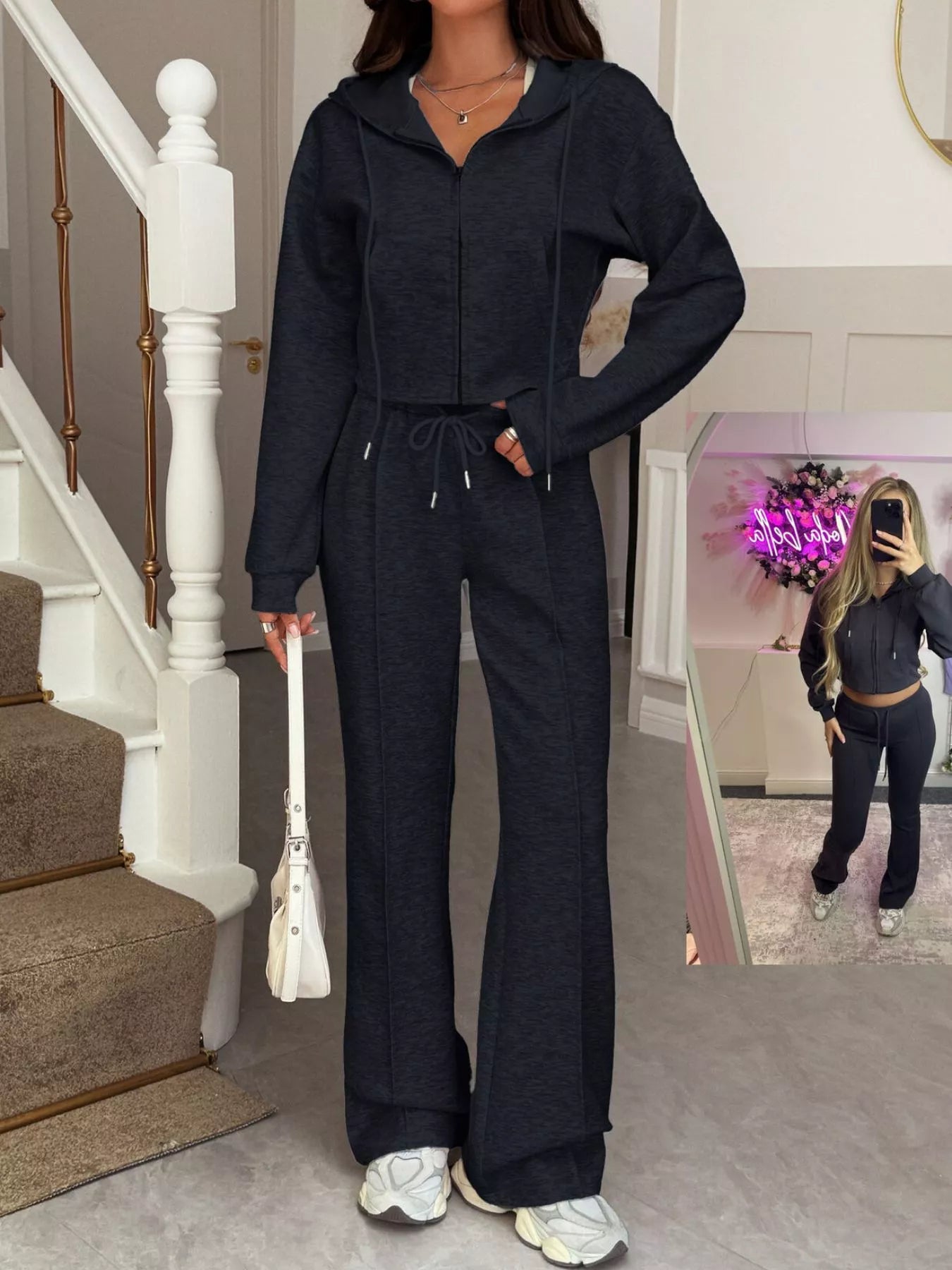 Zip-Up Hoodie and Wide Leg Pants Set